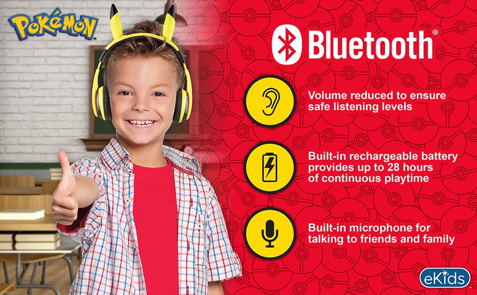 eKids Pokemon Kids Bluetooth Headphones, Wireless Headphones with Microphone Includes Aux Cord, Volume Reduced Kids Foldable Headphones for School, Home, or Travel,Yellow