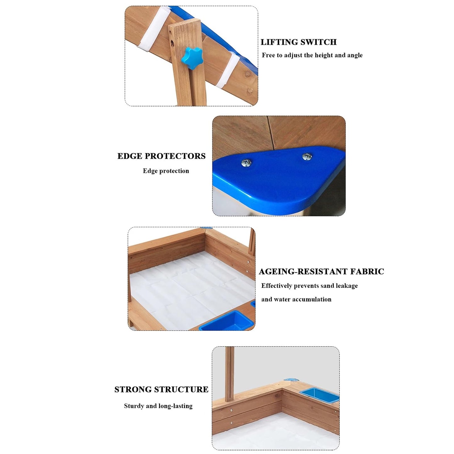 Wood Sandbox with Cover, Sand Box with 2 Bench Seats for Aged 3-8 Years Old, with Adjustable Height Canopy, Sand Pit for Beach Patio Outdoor