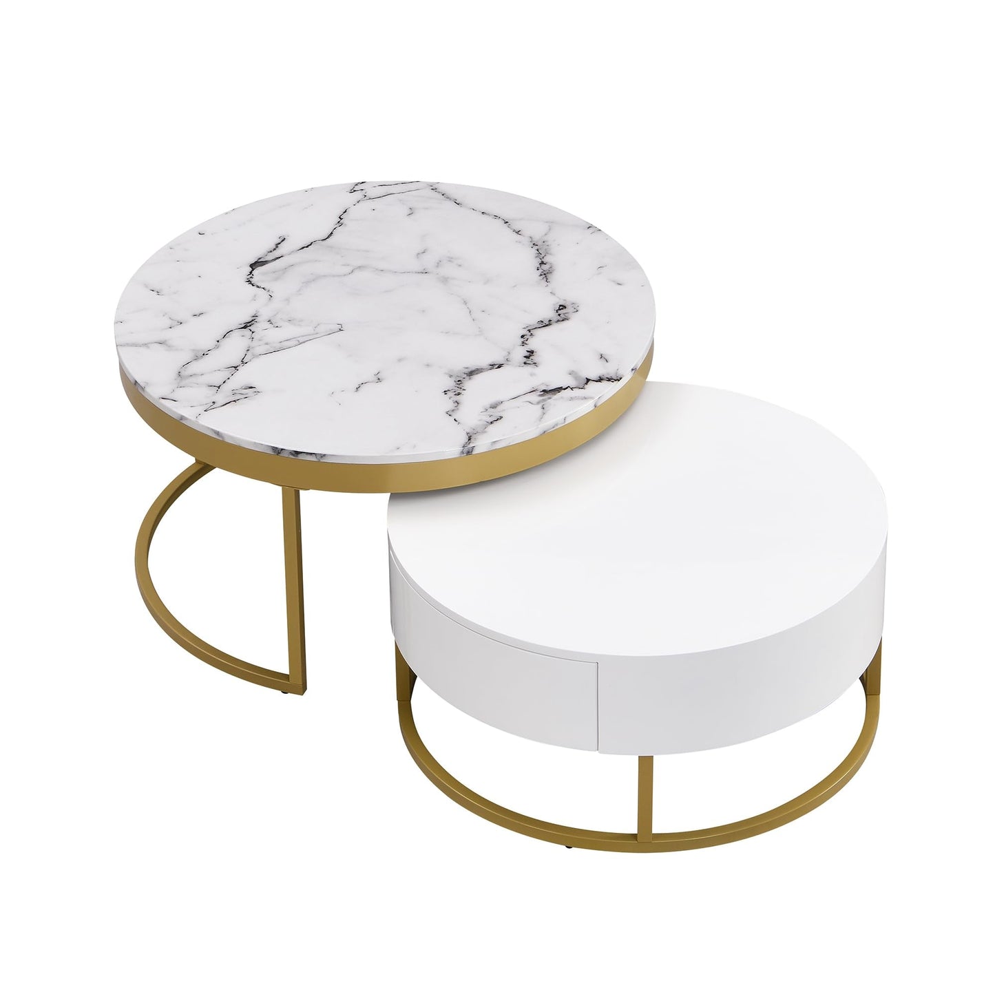 Merax 2-Piece Round Nesting Coffee Table Set with 2 Large Drawers, Marble Finish Tops & Ample Hidden Storage, Space Saving Modern Accent End Tables for Living Room, Apartment, White+Golden