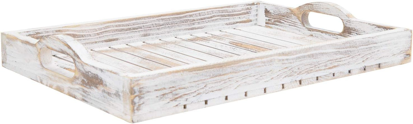 16 11 Inches MyGift Shabby Chic Whitewashed Wood Breakfast Serving Tray with Cutout Handles with Slatted Design