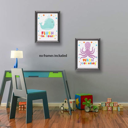 Funny Colorful Bathroom Ocean Life Quotes Art Print, Set of 4 8X10 inch Canvas Wall Art for Kids Washroom