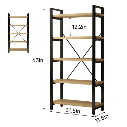 WH-AOERPUMY Real Solid Wood Bookshelf Shelves Rustic Vintage Industrial Etagere Bookshelf, Metal & Timber Free Vintage Bookcase, (Genuine Timber) (5-Tiers-Natural Finish)