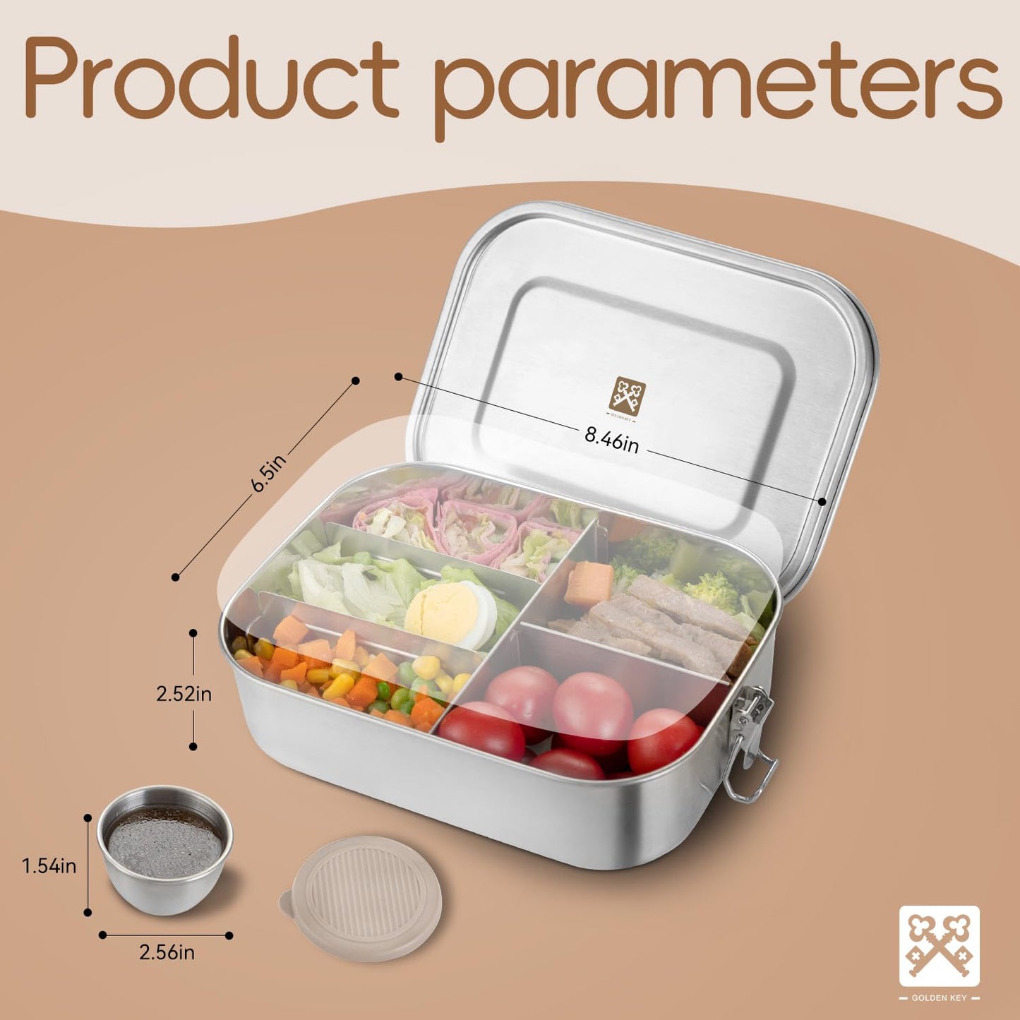 GOLDEN KEY 47QZ Stainless Steel Bento Box with 5 Compartments,1400ml Large & Thickened Metal Lunch Box for Kids or Adults,Eco-friendly Leak-Proof Container with Lockable Clips
