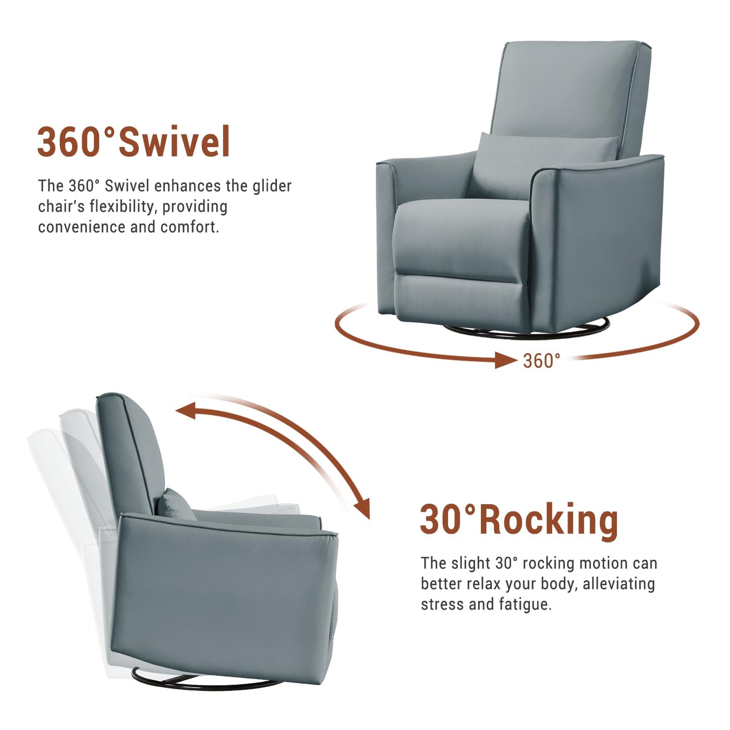 GarveeHome Swivel Rocking Recliner Chair, Upholstered Faux Leather Glider Recliner with Lumbar Support, high backrest & Padded armest, Manual Nursery Recliner for Living Room (Grey)