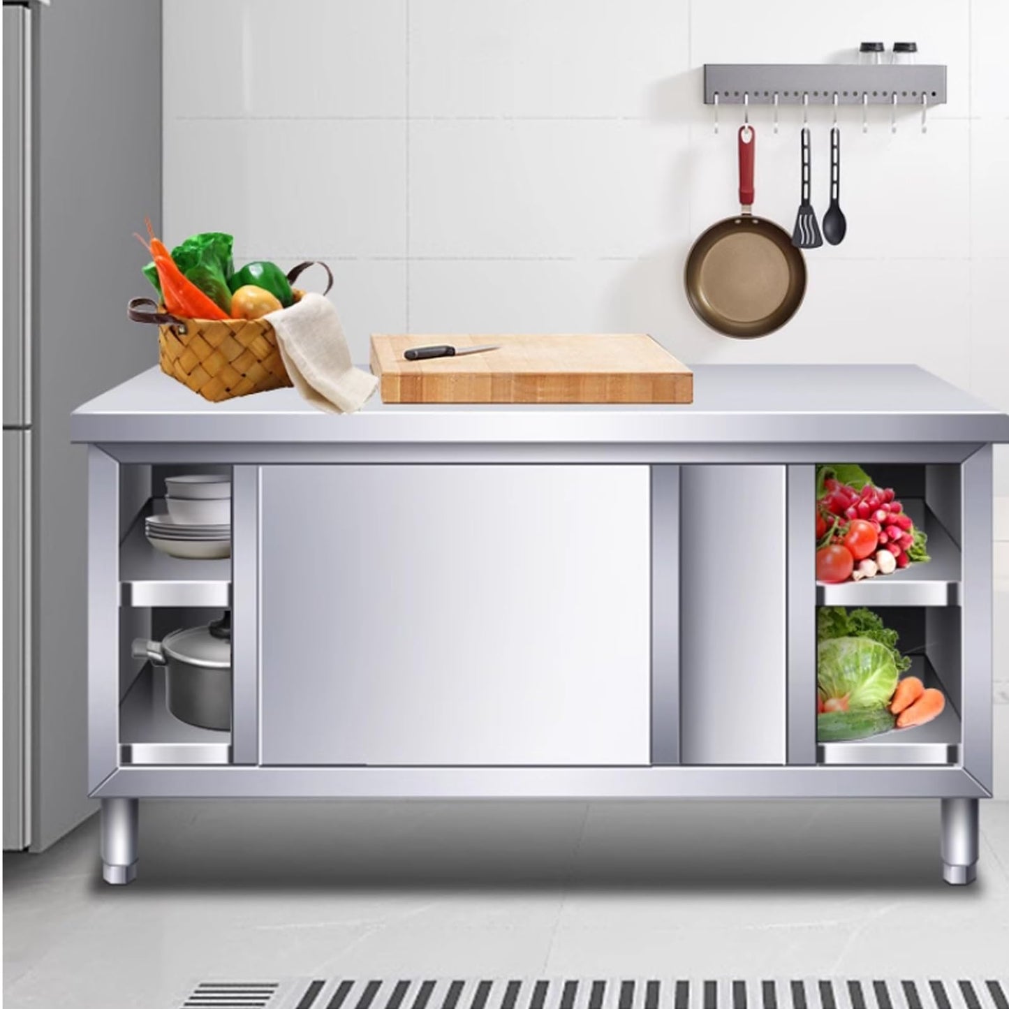 AYHARYLH Kitchen Prep Table Stainless Steel Kitchen Cabinet,Stainless Steel Commercial Worktable W/Sliding Doors For Prep & Work, Heavy Duty Workbench W/Cabinet, For Home, Restaurant, Hotel And Garage