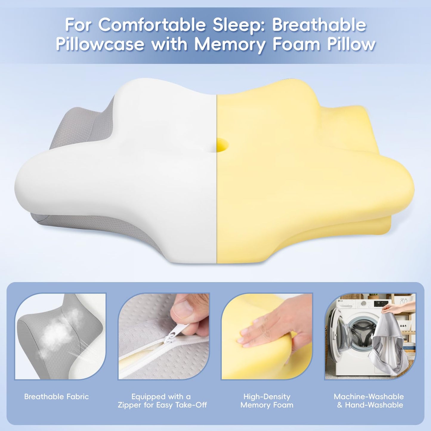 Cervical Neck Pillow, Memory Foam Pillows for Neck and Shoulder Pain Relief, 2 Heights Ergonomic Pillow with Breathable Ice Silk Cover, Neck Support Pillow for Side Back Stomach Sleepers, Odorless