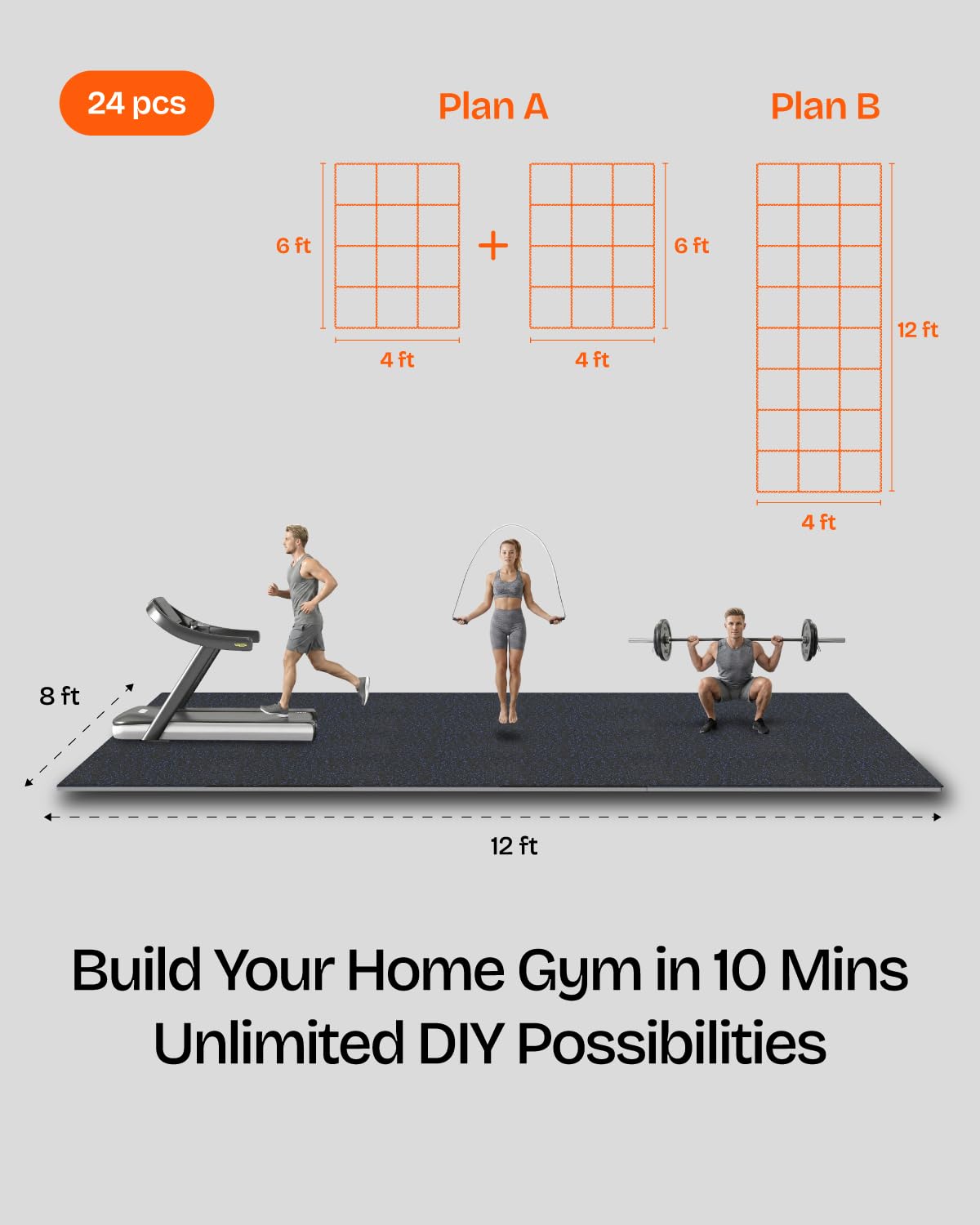Vivaluz 0.56 Inch Thick 96 Sq Ft Gym Flooring for Home Gym, 24 Tiles Robust Rubber Top with Eva Foam Exercise Equipment Mats, Protective Flooring Puzzle Mat for Fitness Room