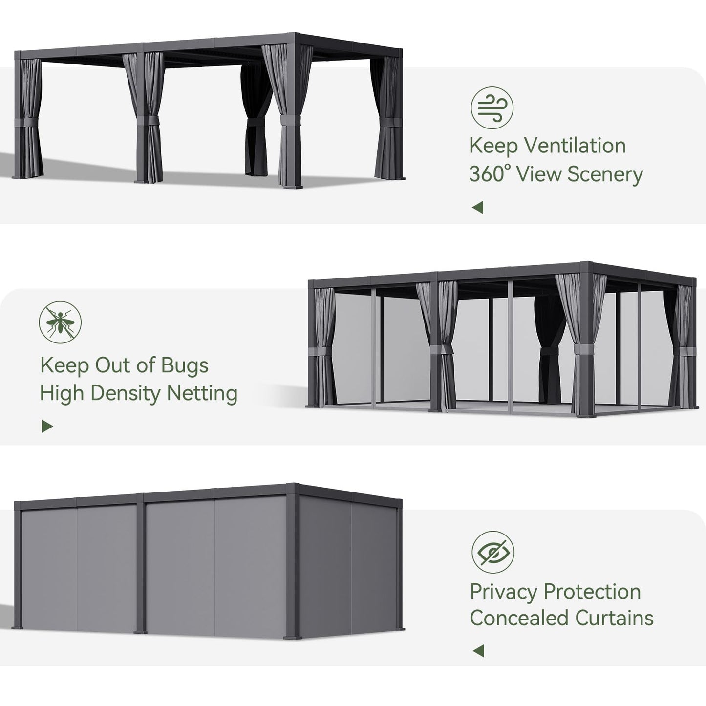 Aoxun Louvered Pergola 12x20 All-Aluminum Outdoor Gazebo with Independent Adjustable Roofs, Waterproof Curtains and Netting, Integrated Drainage System for Patios & Backyard