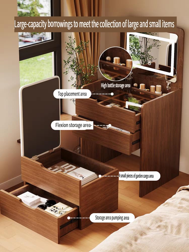 KEIKI Vanity Desk with Plip Top Mirror, 3 in 1 Make Up Vanity Set with 3 Drawers, Dressing Table with Stool for Bedroom, Walnut