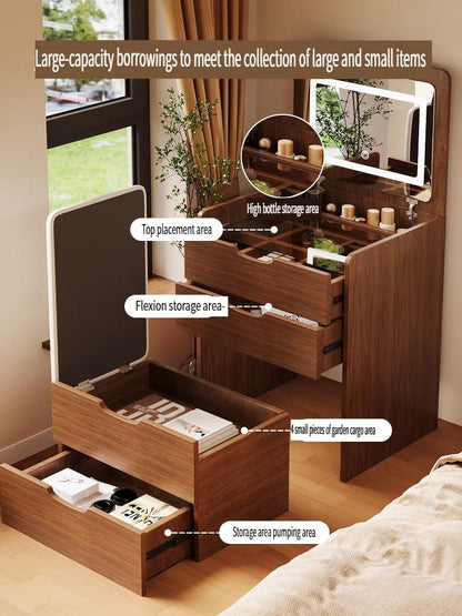 KEIKI Vanity Desk with Plip Top Mirror, 3 in 1 Make Up Vanity Set with 3 Drawers, Dressing Table with Stool for Bedroom, Walnut