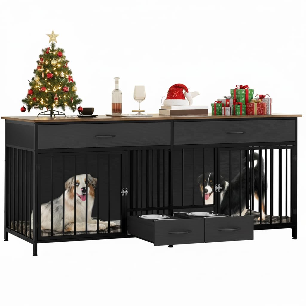 YITAHOME 74.8" Double Dog Crate Furniture with Dog Feeder, Heavy Duty Indoor Dog Kennel TV Stand with Drawers, Sturdy Dog Kennel with Divider for 2 Medium Large Dogs, Black