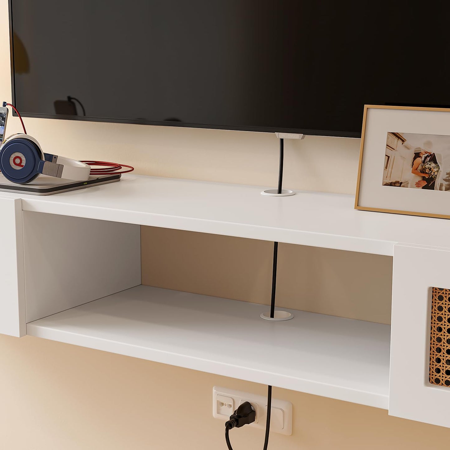 FurniNova 70" Floating TV Stand with Rattan Doors,Boho Wall Mounted Media Console Entertainment Center with 3 Cabinets,White