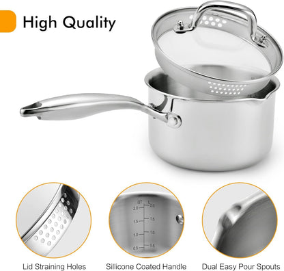 Tri-Ply Stainless Steel Sauce Pan with Steamer Basket & Straining Glass Lid — Heavy-Duty,Thick Base,Rust-Resistant,Warp-Free —100% Food-Grade —Built to Last– Works with All Stovetops, Pasta Pot 2 QT