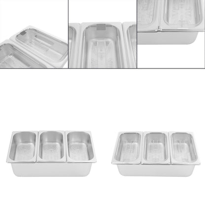 Wawuwao Chilled Condiment Server with Lid, 3-Compartment Stainless Steel Chilled Serving Tray with Lids, Commercial Food Storage Containers for Buffet Restaurant Home, 2 Types of Lids (3-Pan)