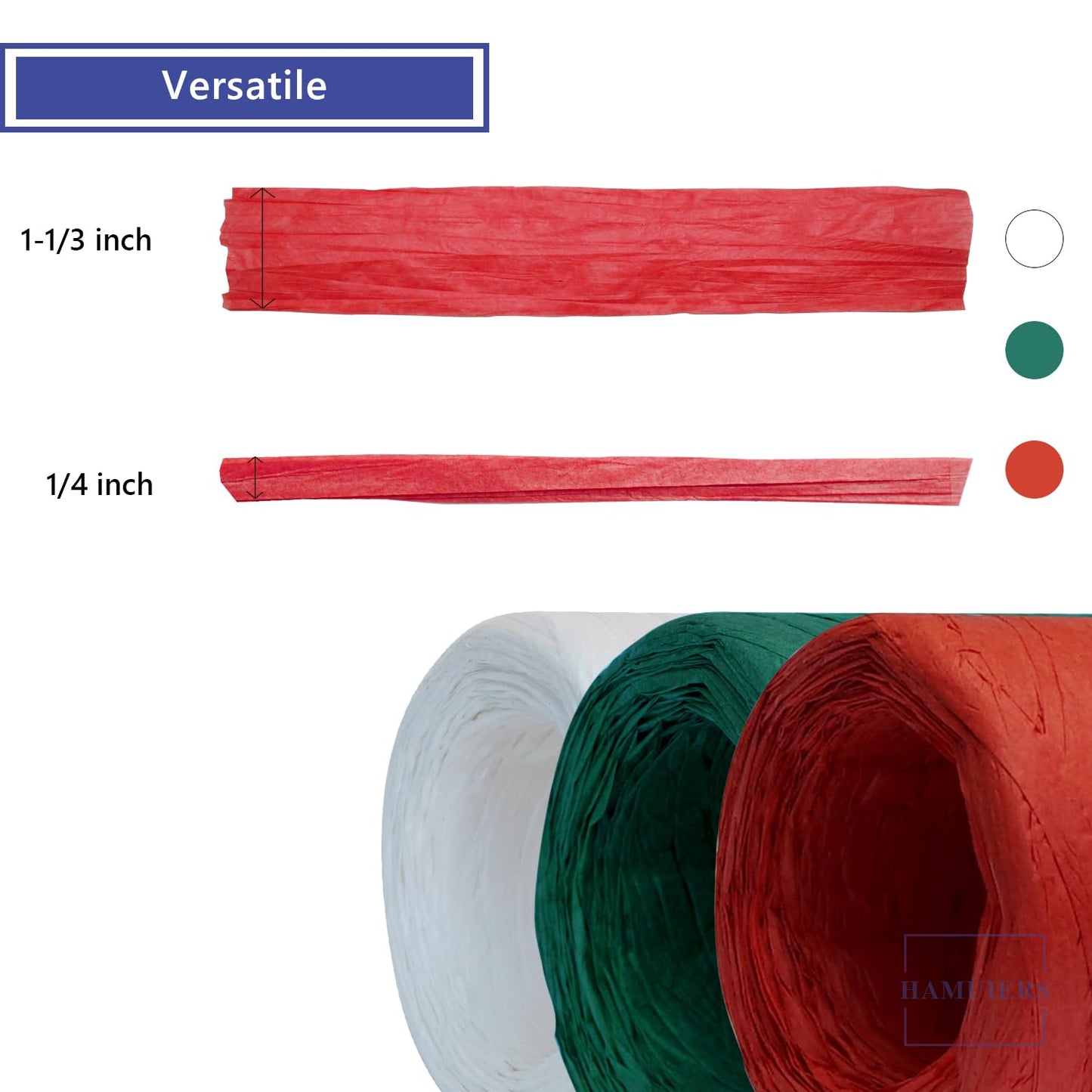 HAMUIERS Raffia Ribbon for Gift Wrapping, 3 Rolls Christmas Ribbon for Craft, Packing Paper Twine Ribbon - Red Green White, 1/4'' Wide, 327 Yards