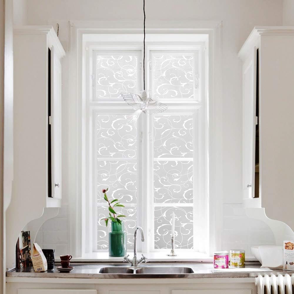 LEMON CLOUD Window Privacy Film, No-Adhesive Static Decorative Window Film, Frosted Stained Glass Vine Design (17.5 x