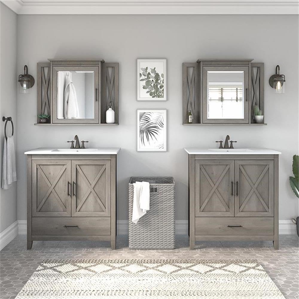Bush Home Key West 64W Double Vanity Set with Sinks and Medicine Cabinets in Driftwood Gray