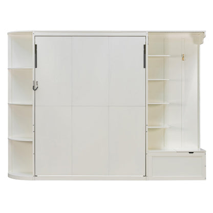 Merax Queen Size Murphy Bed with Storage and Lights, Hidden Fold-Out Legs, Foldable Murphy Cabinet Bed with Hook, Built-in Shelves & Cabinets, Wood Space-Saving Wall Bed for Guest Room Office, White