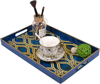 15.7" 10.2" 1.57" MAONAME Blue Decorative Tray with Handles, Plastic Serving Tray for Coffee Table, Marbling