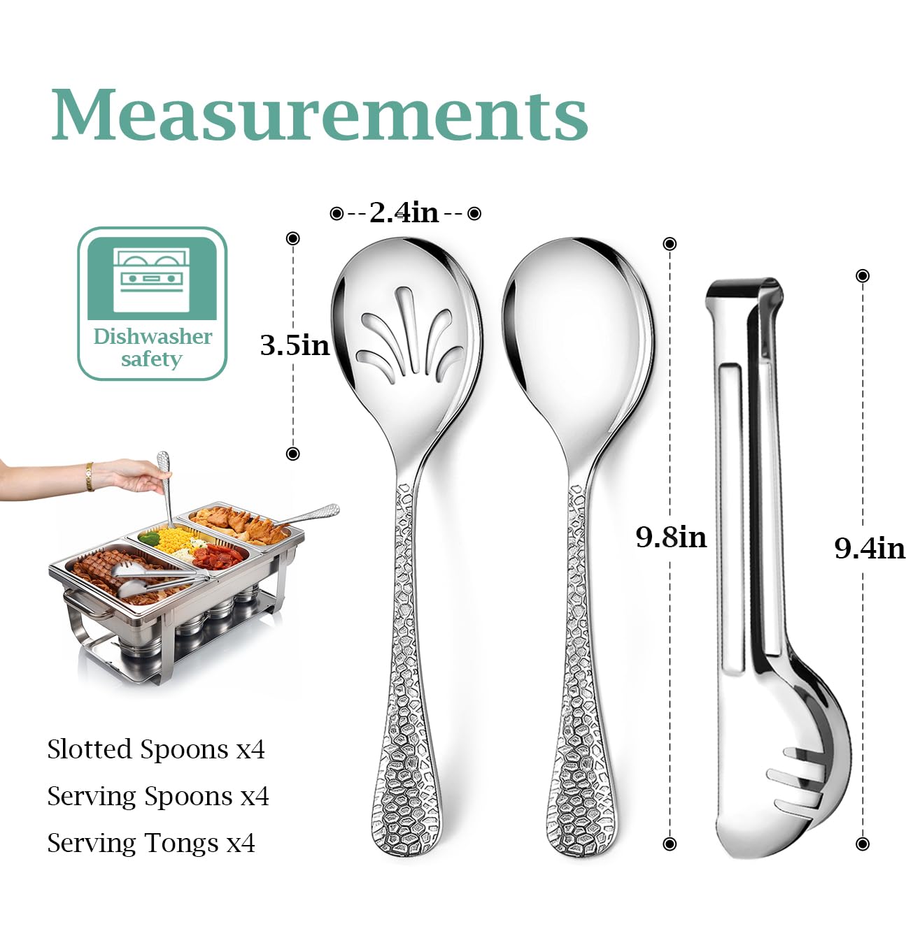 Teivio Hammered Stainless Steel Metal Serving Utensils Set of 12, 10" Serving Spoons, 10" Slotted Spoons, 9" Serving Tongs, Large Hostess Serving Set for Parties Chafing Dish Buffet Catering (Silver)