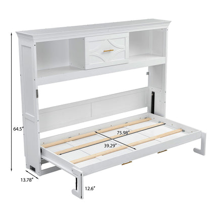 Merax Farmhouse Wood Murphy Bed Chest with Charging Station & Drawer, Storage Wall Bed with Wood Slat Support/Space Saving, Twin,White