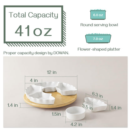 DOWAN 360° Rotatable Serving Tray and Platters, 12 Inch Divided Serving Bowls for Party, Kitchen Decor, Removable Serving Dishes for Chips and Dip, Fruit, Veggies, Candy and Snacks, 7 Pieces, White