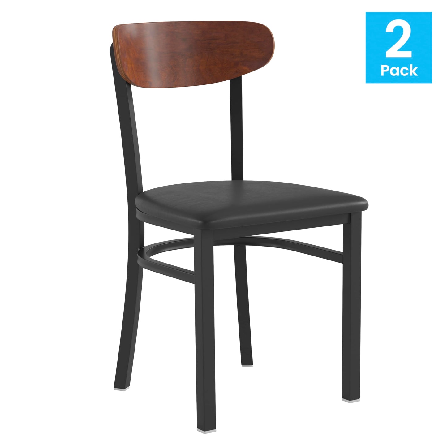Flash Furniture Wright Set of 2 Commercial Dining Chairs - Walnut Wood Boomerang Back - Black Vinyl Seat - 500 LB. Capacity Black Steel Frame-Integrated Footrest