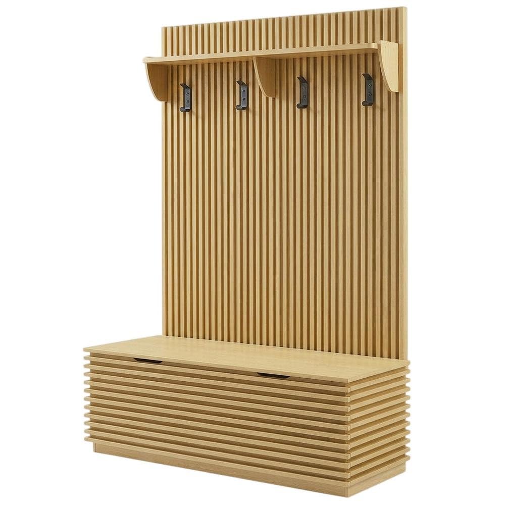 Furnifact Fluted-Panel Hall Tree with Storage Bench and Coat Rack, Entryway Bench with Hooks and Shoe Storage for Mudroom or Foyer, Oak