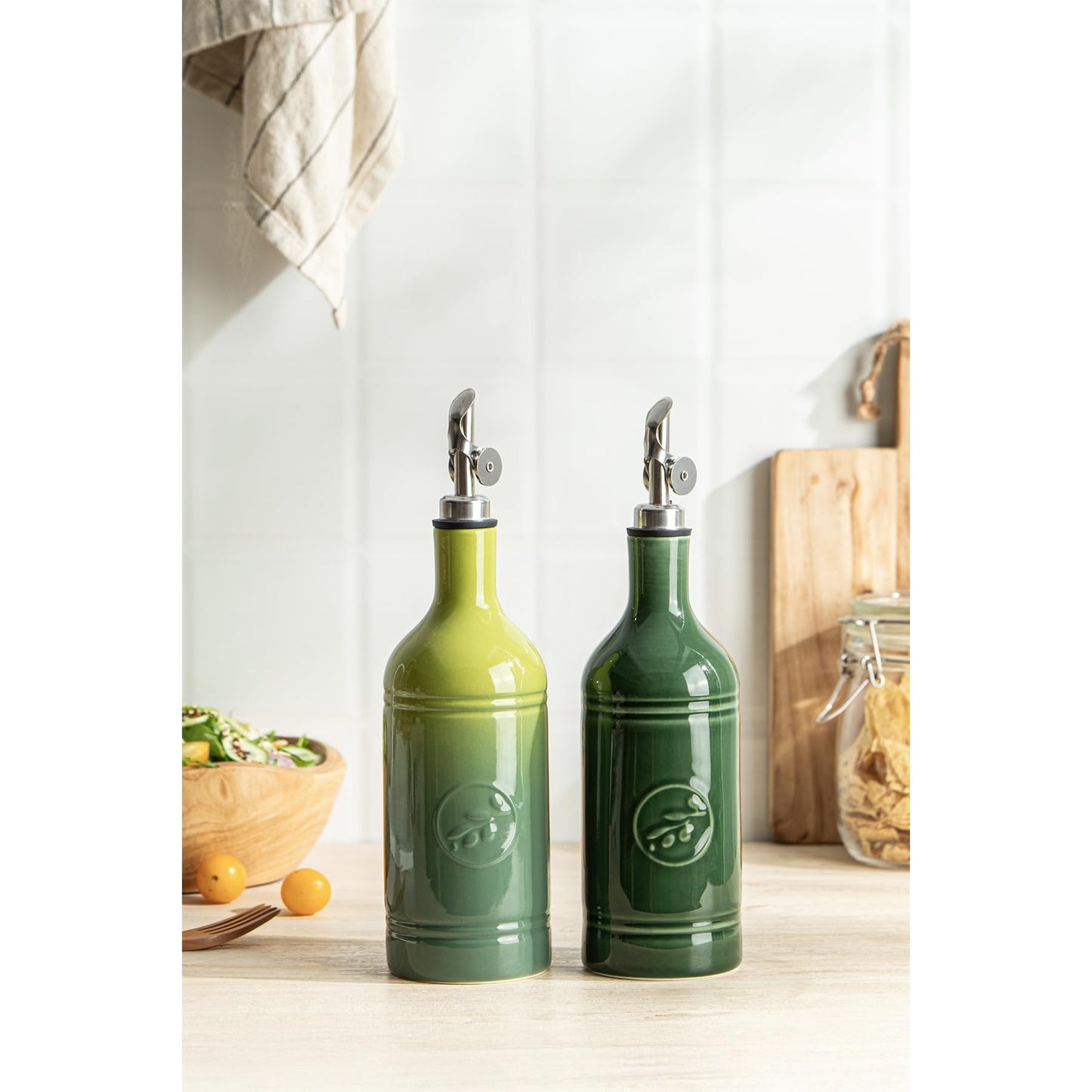 MIKIGEY Olive Oil Dispenser Bottle with Spout, 18 oz Ceramic Oil Dispensers for Kitchen, Opaque Cruet, EVOO & Vinegar Bottle with Automatic Stainless Steel Pourer, Pack of 1, Jade Green