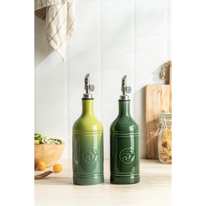 MIKIGEY Olive Oil Dispenser Bottle with Spout, 18 oz Ceramic Oil Dispensers for Kitchen, Opaque Cruet, EVOO & Vinegar Bottle with Automatic Stainless Steel Pourer, Pack of 1, Jade Green