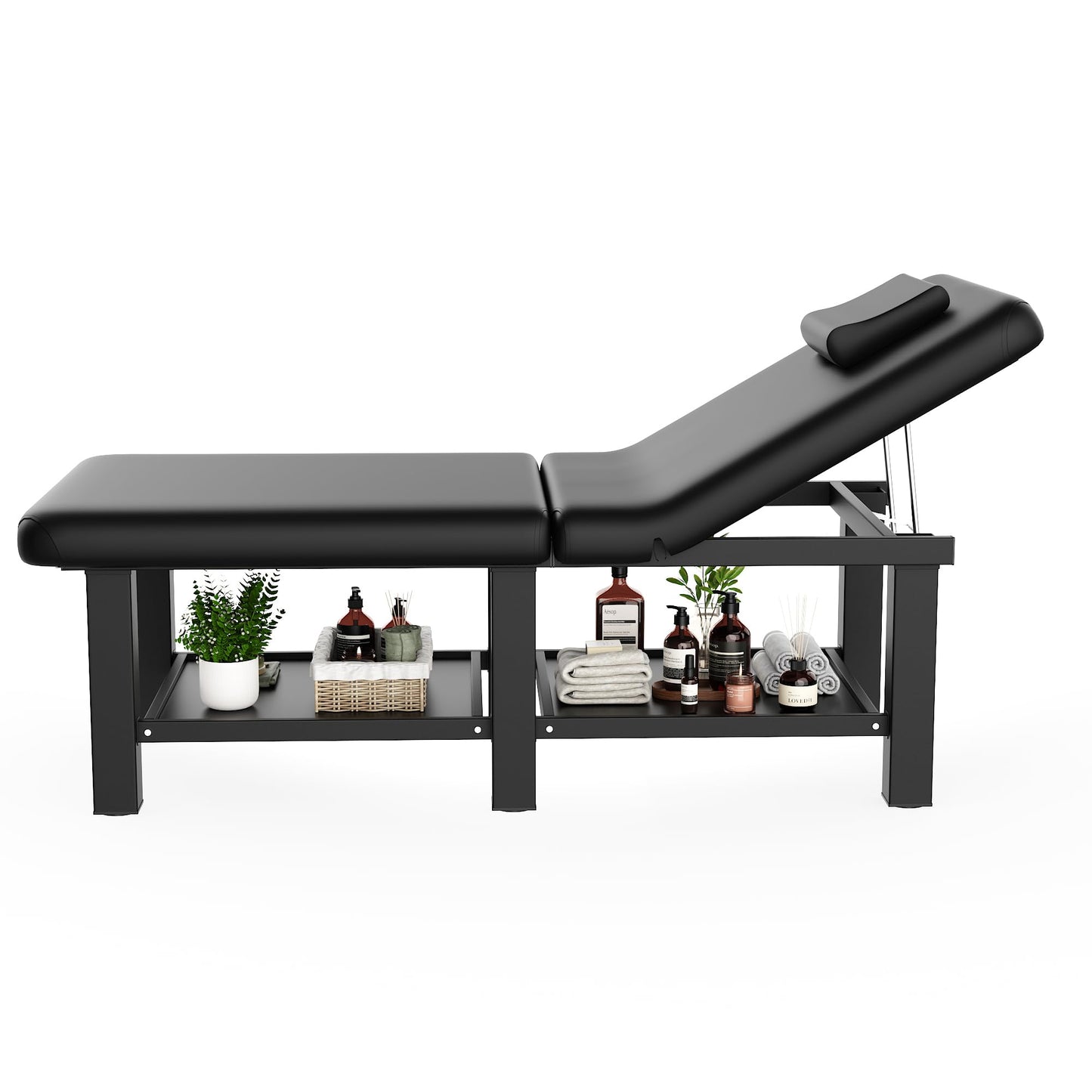 30.5'' Wide × 75'' Long Folding Stationary Massage Table with Backrest and Storage Space for Treatment Table Physical Therapy Table Spa Facial Bed, 6 Square legs, Metal Frame PU Leather - Black