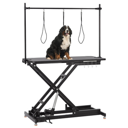 PioneerWorks Electric Dog Grooming Table, Height Adjustable (9.4"-39.4") Pet Grooming Table with Leveling Wheels, X-Lift, Anti-Slip Tabletop, 47" Heavy Duty Dog Grooming Station, Black