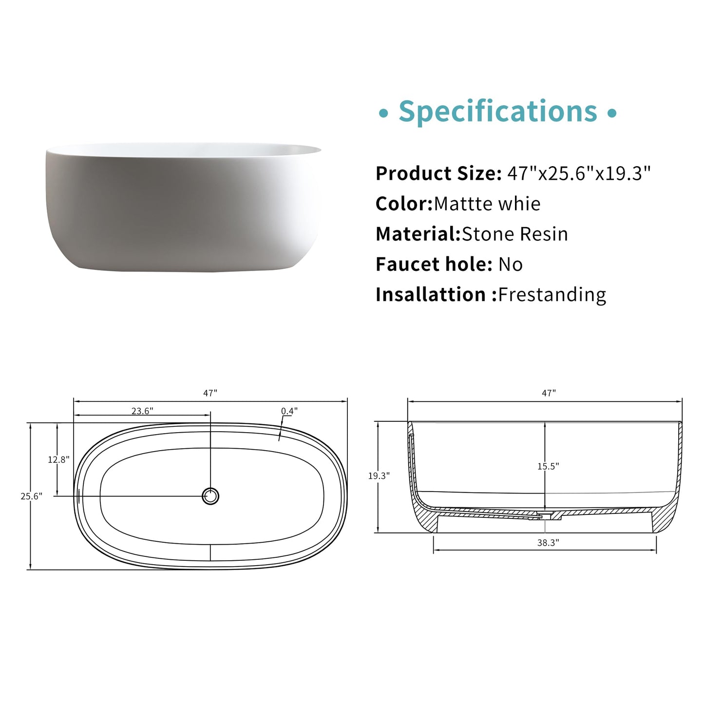 Favfurish 47" Freestanding Stone Resin Bathtub,Oval Shape Contemporary Soaking Tub w/Pop-Up Drain & Overflow, Compact Design for Small Spaces, Matte White
