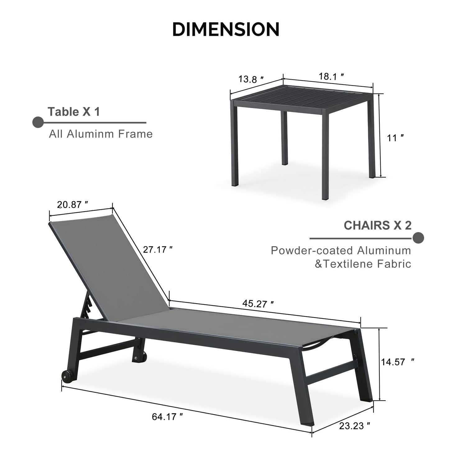 PURPLE LEAF Outdoor Chaise Lounge with Wheels for Outside 2 Pieces Aluminum Patio Lounge Chair with 5 Adjustable Position Sunbathing for Patio, Beach, Yard, Pool, Side Table Included, Grey