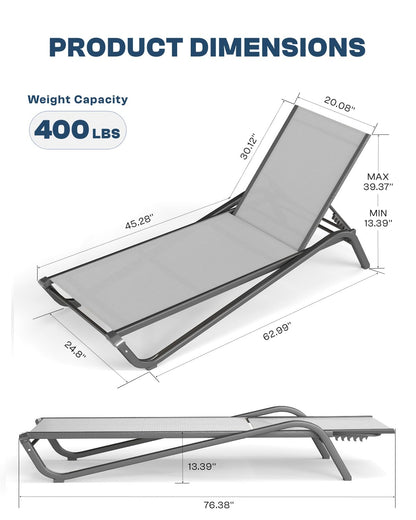 Patio Kingdom 3-Piece Patio Chaise Lounge Set with Side Table, Set of 2 Adjustable Pool Chairs and Aluminum Bistro Table, All-Weather Outdoor Furniture for Pool Deck, Patio & Tanning, Light Grey