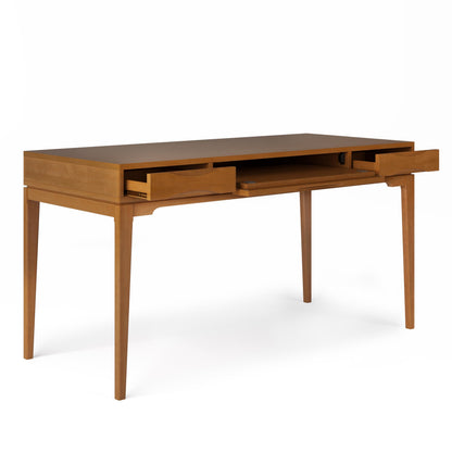SIMPLIHOME Harper Desk - 60 Inch Wide Solid Wood Writing Desk in Light Golden Brown, Mid-Century Modern Home Office Computer Table for Study with 2 Drawers and Flip-Down Keyboard Tray