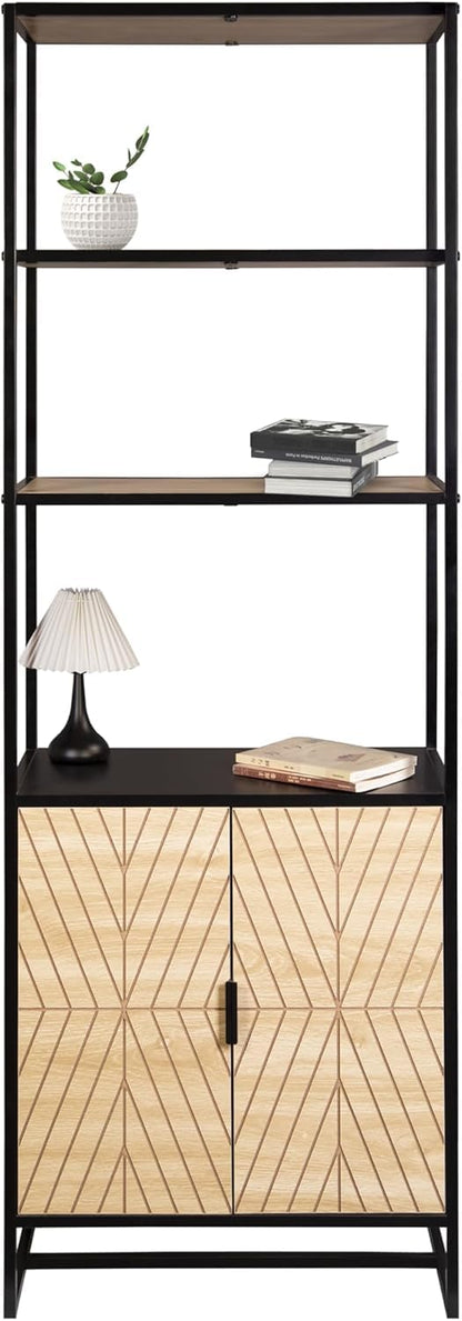 GOLGAILY 67" H x 24" W x 12" D 6-Tier Bookshelf with Storage, Black Natural Wood
