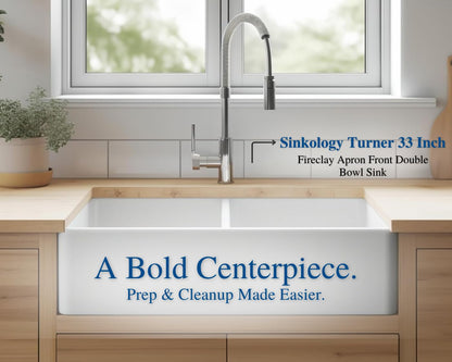 Sinkology Turner 33 Inch Fireclay Farmhouse Apron Front Double Bowl Kitchen Sink - White, Handcrafted with SureFire Chip-Resistant Glaze, Sinkology Everyday Warranty, 33 x 18 in, Fits 36" Cabinet