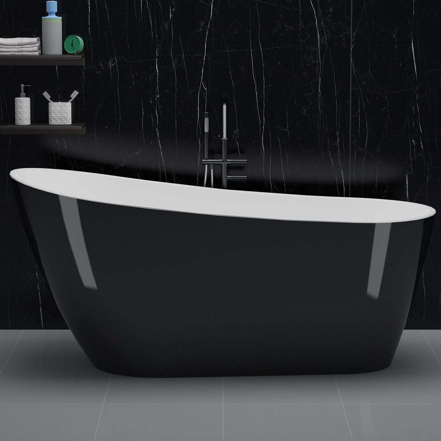 67" Acrylic Freestanding Bathtub, Black Exterior White Interior, Acrylic Stand Alone Tub with Chrome Drain, Spa Bath