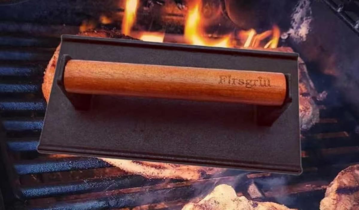 Firsgrill Burger Press 7.08" Round & 8.3”X4.3”Rectangle Heavy-Duty Cast Iron Smash Meat Steak with Wood Handle for Blackstone Camp Chef Pitboss Weber Treager Griddle (Round & Rectangle w Flat Bottom)