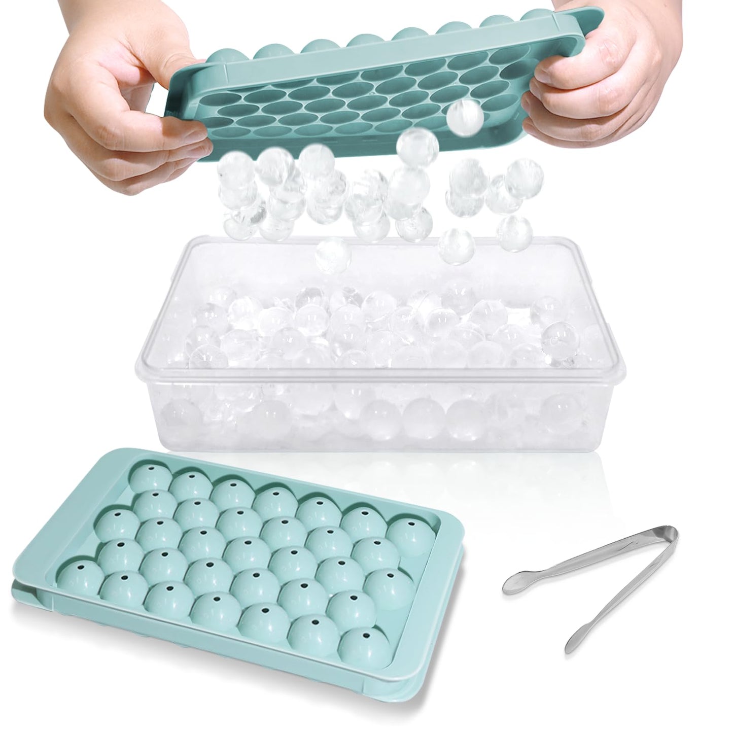 WIBIMEN Ice Cube Tray with Lid and Bin - Round Ice Trays for Freezer with Lid - Ice Cube Trays for Freezer with Ice Container (1"-2PACK Blue)