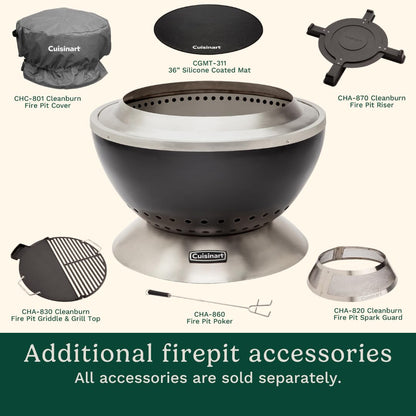 Cuisinart 24” Cleanburn Smokeless Fire Pit with Removable Base for Ash, Portable Wood Burning Outdoor Fireplace, Stainless Steel Smoke Free Outdoor Heater, Enhanced Airflow and Easy Cleanup