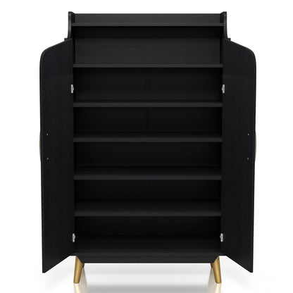 24/7 Shop at Home Ansel Mid-Century Modern 2-Door Storage Wood 32 in. Shoe Cabinet with Adjustable Shelves for Entryway, Hallway, Black