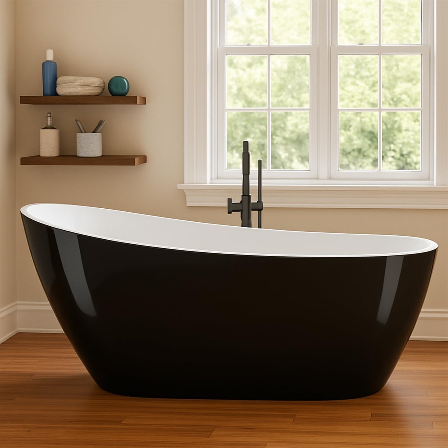 Freestanding Bathtub 67 inch Black and White Acrylic Tub, Modern Deep Soaking Bath for Bathroom Renovation and Home Spa Comfort