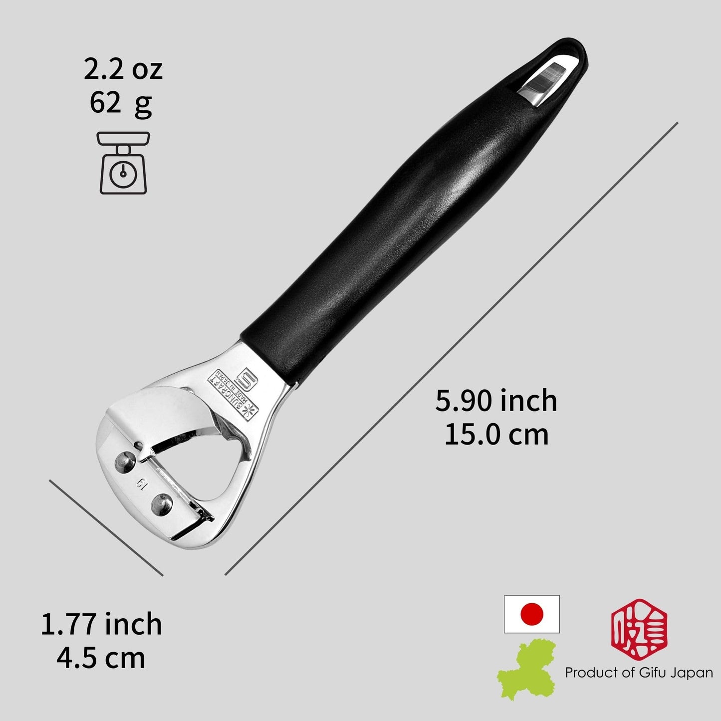 Japanese Can Opener, Heavy Duty Stainless Steel Bottle Opener, 5.9" Black Plastic Handle for Right-handed, Seki Japan