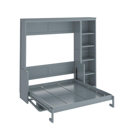 Ball & Cast Murphy Bed Chest Full Size,Hideaway Wall Bedframe with Desk and Bookshelf,Space Saving Cabinet Bed w/Shelf,Slat Support,can be Folded,Bedroom Furniture for Small Space,Gray