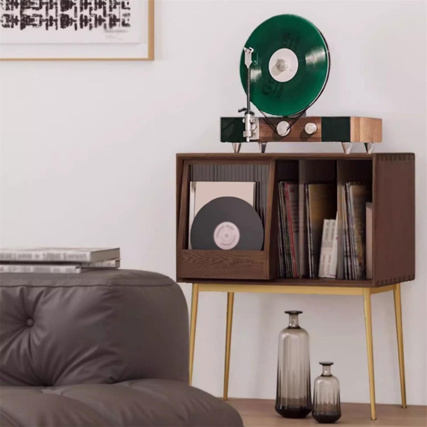 XJOYSL7921 DVD Storage Storage Rack Light Luxury Wooden Vinyl Record Cabinet with Sliding Doors, High Legged Books CD Storage Rack CD Rack Tower