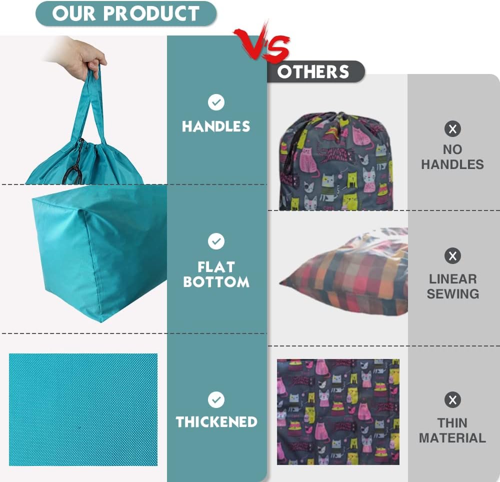 Tear Proof Nylon Laundry Bag with Handles, Hamper Liner with Drawstring Closure, 27.5x34.5 inches, Blue Aqua and Grey