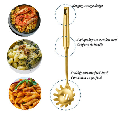 Gold Stainless Steel Spaghetti Server Set, Spaghetti spoon with teeth,12'' Pasta Tong and 13.6'' Pasta spoon,4-Hole Stainless Steel Spaghetti Measure Tool. for Noodles Pasta Serving Gadgets(3 Pieces)