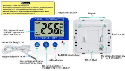 Fridge Freezer Thermometer with Max/Min Memory, LXSZRPH High & Low Temperature Alarms, Digital with Magnetic Stand, 2